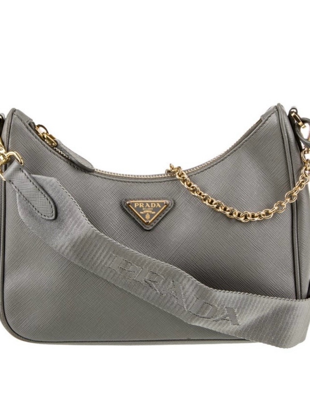 Prada Grey Saffiano Crescent Shoulder Bag with Gold Chain Detail - Picture 3 of 7